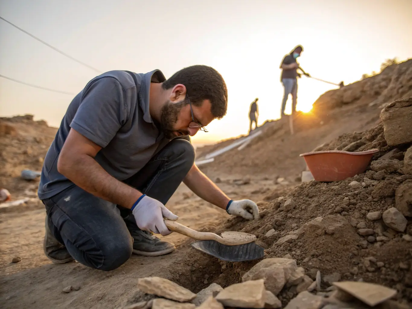 A photograph capturing a team of archaeologists carefully excavating a site, with various tools and artifacts visible, under a bright, sunny sky. The setting suggests a historical excavation site.