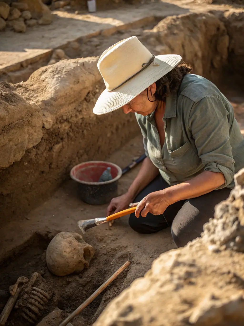 A photograph depicting archaeologists carefully excavating a site in the Creuse region, France, with tools and equipment visible. The focus is on the meticulous work and the historical significance of the location.