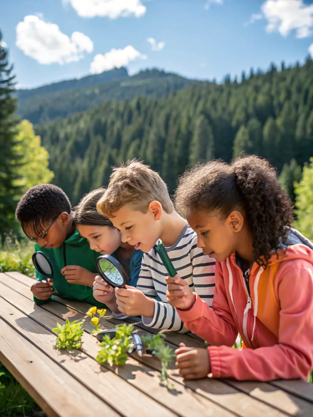 A group of students participating in a hands-on science experiment outdoors, supervised by instructors. The setting is a natural environment, emphasizing the connection between science and nature.