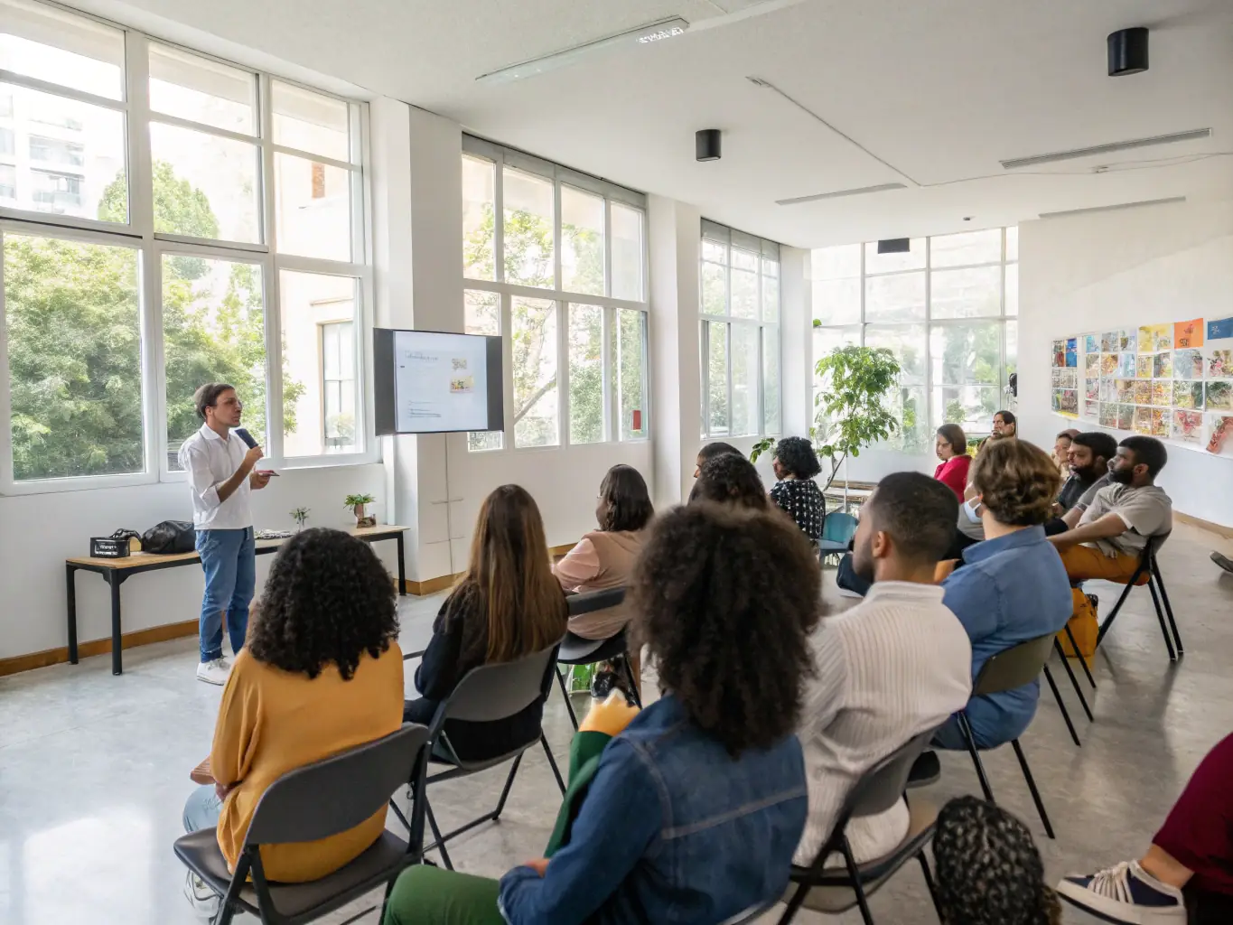 A photograph featuring a group of people attending a public lecture or workshop on archaeology or history. The audience appears engaged and interested in the presentation.