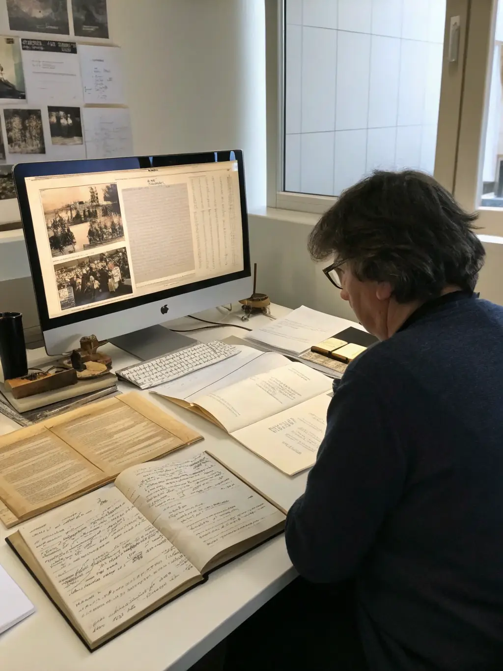 A researcher examining old documents and maps in a well-lit archive, surrounded by shelves of historical records. The image conveys a sense of scholarly dedication and historical preservation.